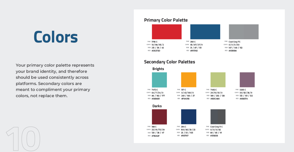 colors blocks and numbers shown within a slide for branding